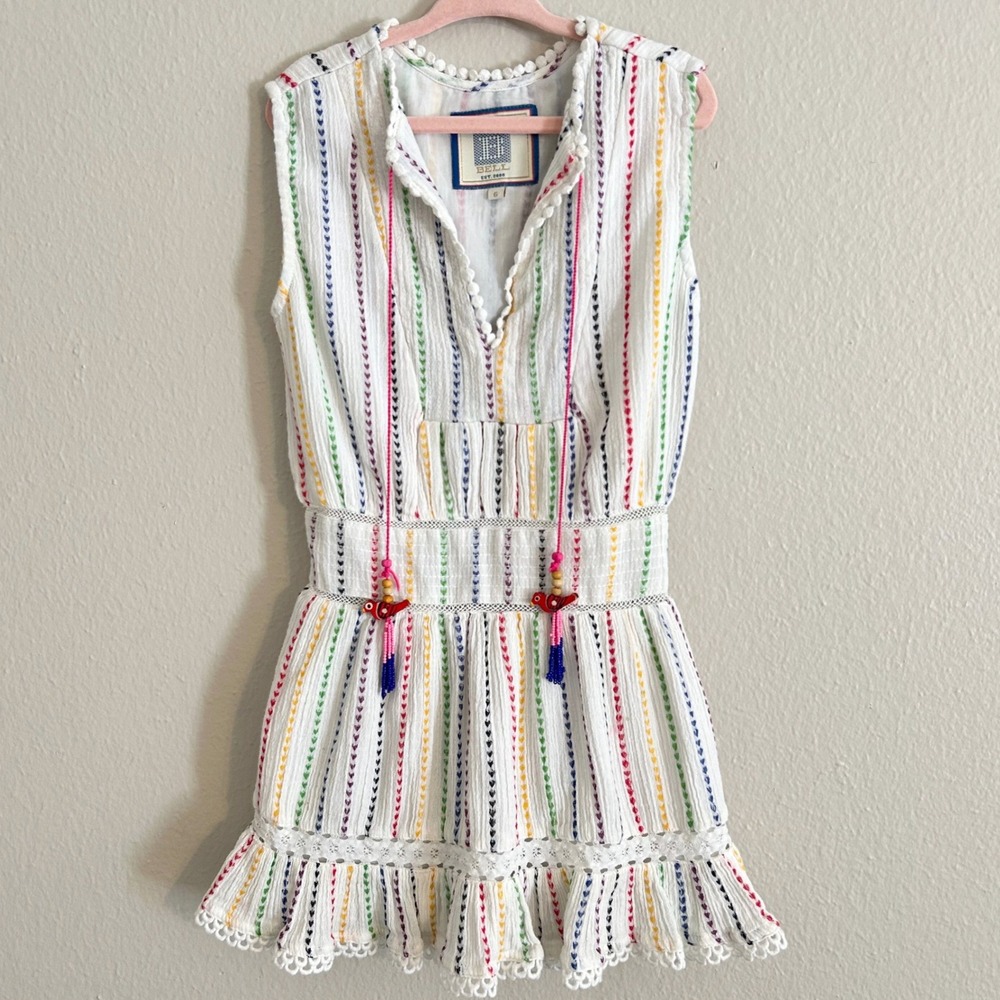 BELL‎ Kids Size 6 Smocked White Rainbow Hearts Cotton Dress Boho Tropical Beach